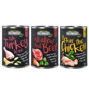 12 x 400g Adult lajitelma 3 makua Greenwoods koiran märkäruoka