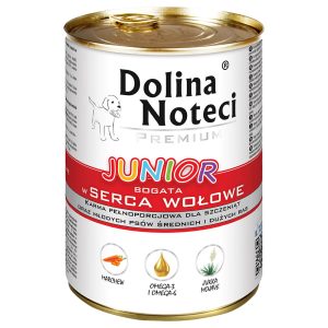 24 x 400 g Dolina Noteci Premium Junior, naudanlihan sydämet, koiran märkäruokaa
