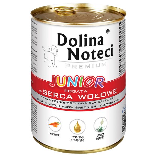 24 x 400 g Dolina Noteci Premium Junior, naudanlihan sydämet, koiran märkäruokaa