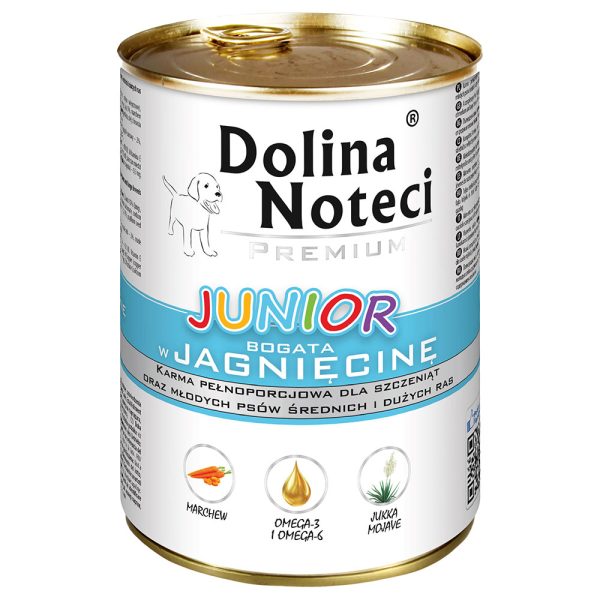 24 x 400 g Dolina Noteci Premium Junior, lammas, koiran märkäruoka, karitsaa
