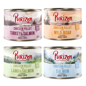 12 x 200 g / 400 g Purizon kissanruoka erikoishintaan! -Adult lajitelma 4 makua (4 x 200 g lohi, 4 x 200 g villisika, 2 x 200 g lammas & lohi, 2 x 200 g kalkkuna & lohi)