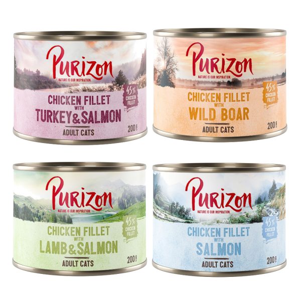 12 x 200 g / 400 g Purizon kissanruoka erikoishintaan! -Adult lajitelma 4 makua (4 x 200 g lohi, 4 x 200 g villisika, 2 x 200 g lammas & lohi, 2 x 200 g kalkkuna & lohi)