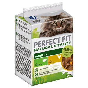6x50g kana ja kalkkuna Perfect Fit Natural Vitality Adult 1+ kissan märkäruoka