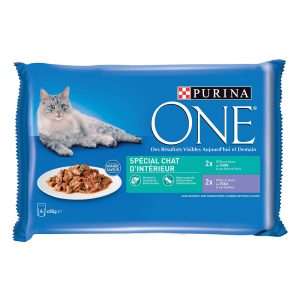 12x 85g PURINA ONE Indoor tonnikalaa ja vasikanlihaa märkäruokaa kissoille