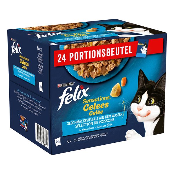 24x 85g Felix "Sensations" Pouches sardiini, lohi, seiti ja taimen kissan märkäruoka