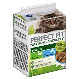 6x50g kalkkuna ja syvänmeren kala Perfect Fit Natural Vitality Adult 1+ kissan märkäruoka