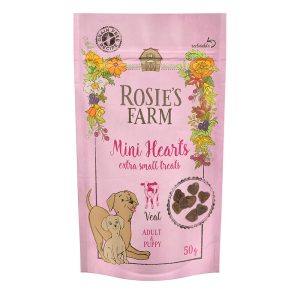 5x50g Puppy & Adult "Mini Hearts" vasikka Rosie's Farm koiranruoka