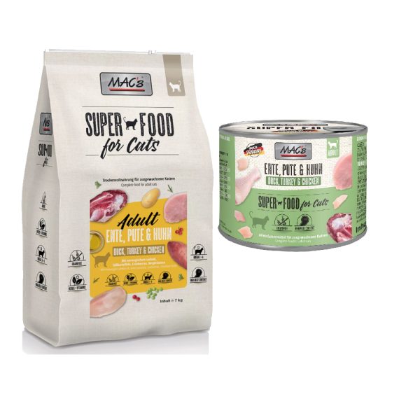 1,5kg+6x200 paketti kuiva ja Adult Duck, Turkey & Chicken MAC's Kissanruoka
