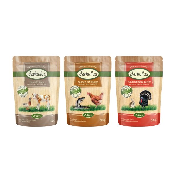12x300g Naturkost-sekoitus: villikani & kalkkuna / ankka & vasikka / lohi & kana Lukullus-koiranruoka