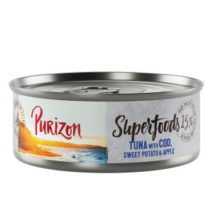 24 x 70 / 85 g Purizon kissanruoka erikoishintaan! - Superfoods: tonnikalaa ja turskaa, bataattia ja omenaa (24 x 70 g)