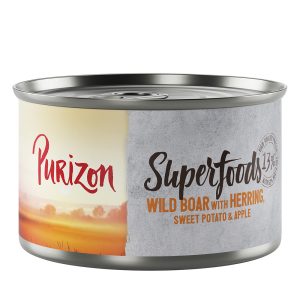 Säästöpakkaus Purizon 24 x 140g/200g/300 g erikoishintaan! - Superfoods: villisikaa ja silliä, bataattia ja omenaa  140g