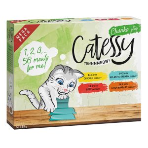 56x85g paloja kastikkeessa -lajitelma, 4 makua (kana, Atlantin lohi, maksa, nauta & sydän) Catessy kissanruoka