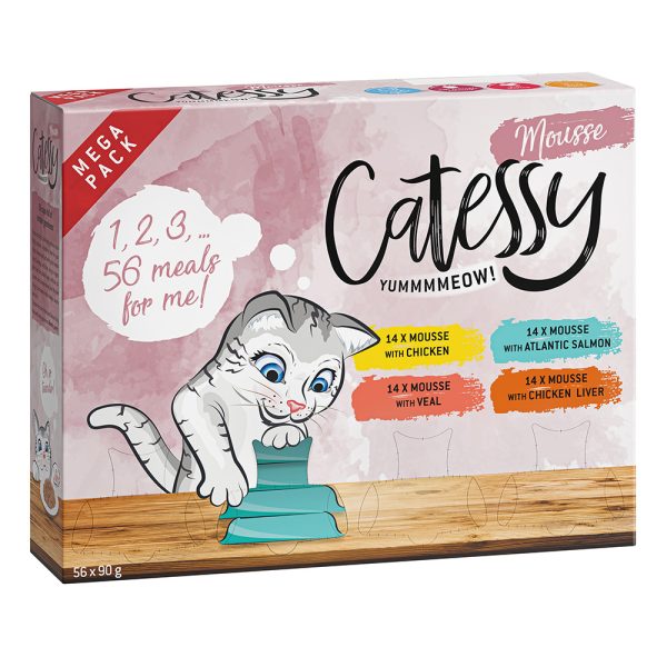 Catessy Mousse -rasiat 56 x 90 g - Mega Mix -lajitelma: 4 makua (kana, merilohi, vasikanliha, kananmaksa).