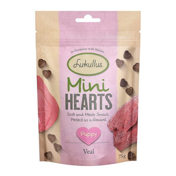 75g Puppy "Mini Hearts" Snacks vasikanliha viljaton Lukullus koiranherkut