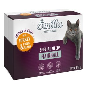 12x85g Adult Hairball paloja kastikkeessa kalkkuna & vihreät pavut Smilla kissanruoka