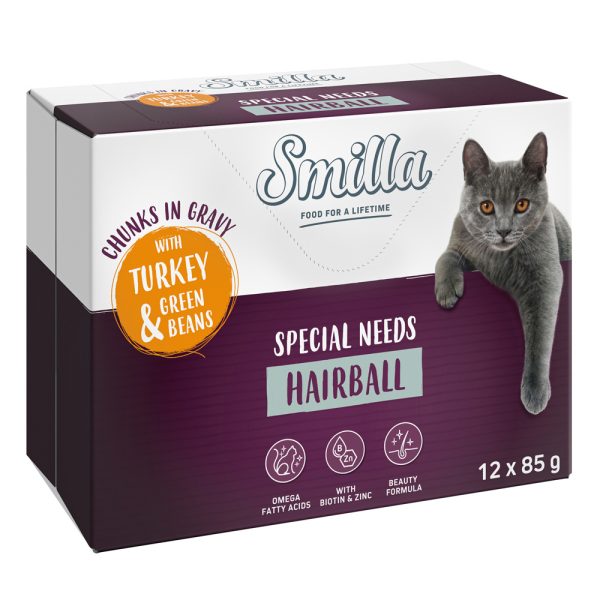 12x85g Adult Hairball paloja kastikkeessa kalkkuna & vihreät pavut Smilla kissanruoka