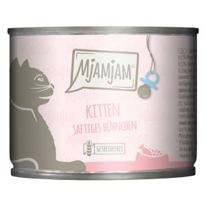 Economy Pack 24x200g MjAMjAM Kitten Juicy Chicken with Salmon Oil Märkä kissanruoka, jossa on lohiöljyä