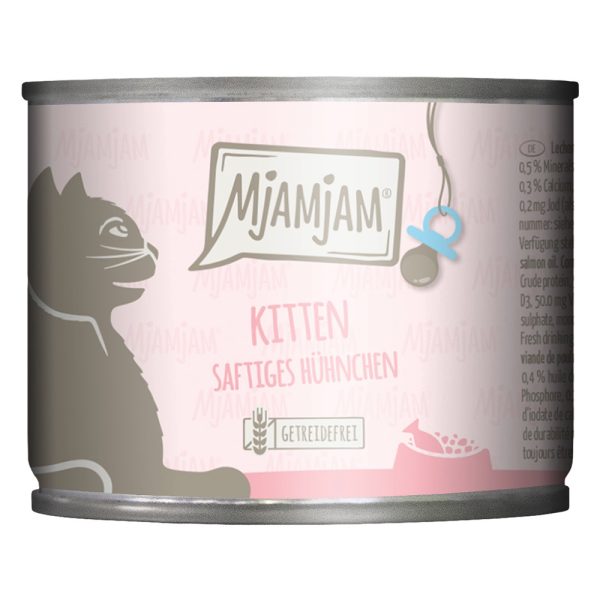 Economy Pack 24x200g MjAMjAM Kitten Juicy Chicken with Salmon Oil Märkä kissanruoka, jossa on lohiöljyä