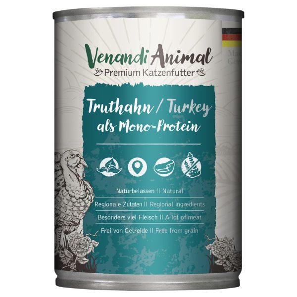 6x400g Venandi Animal Monoprotein kalkkuna kissanruoka märkä