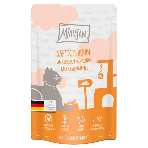 12x125g MjAMjAM Squeezy Juicy Chicken on Tasty Carrots kissanruokaa Märkä kissanruoka