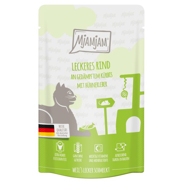 12x125g MjAMjAM Quetschie Delicious Beef on Steamed Pumpkin Cat Food Wet (kissanruoka märkä)