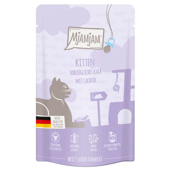 12x125g MjAMjAM Quetschie Kitten Excellent Vasikka lohiöljyä sisältävä märkä kissanravinto
