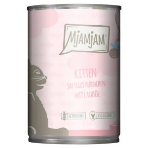 Economy Pack 24x400g MjAMjAM Kitten Juicy Chicken with Salmon Oil Märkä kissanruoka, jossa on lohiöljyä