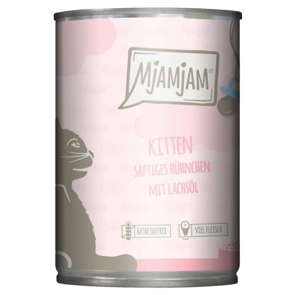 Economy Pack 24x400g MjAMjAM Kitten Juicy Chicken with Salmon Oil Märkä kissanruoka, jossa on lohiöljyä