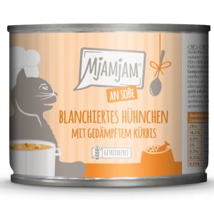 Economy Pack 24x185g MjAMjAM in Sauce Blanchoitu kana höyrytetyn kurpitsan kera Märkä kissanruoka