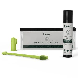 kooa-hammashoitosetti koirille: hammasharja, silikoninen sormiharja ja hammasgeeli (50ml)