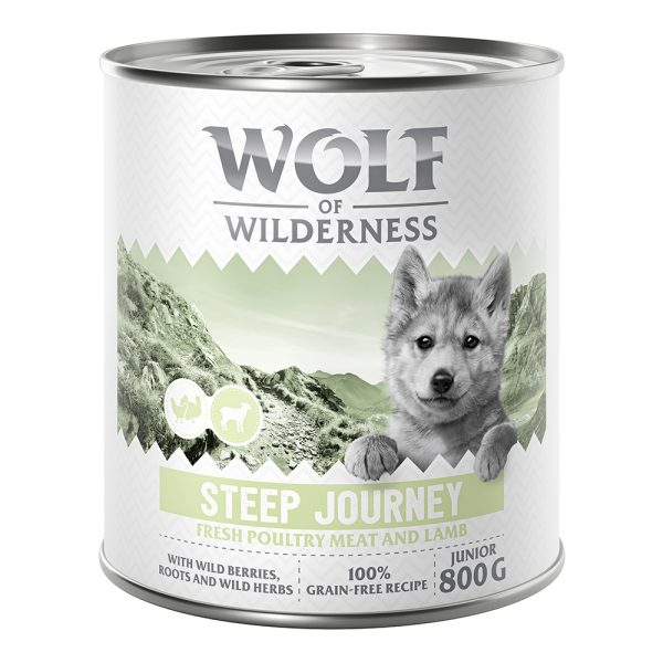 6x800g Wolf of Wilderness Junior "Expedition" Steep Journey - siipikarja ja lammas koiranruoka