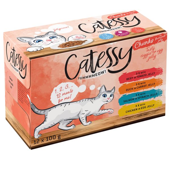 96x100g kasvis kananmunahyytelöllä, monta makua Catessy Kissanruoka