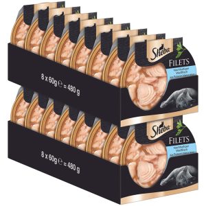 32 x 60g vaalea kala Sheba Feine Filets kissanruoka