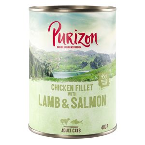 12 x 200 g / 400 g Purizon kissanruoka erikoishintaan! - Adult viljaton kanafilee, lohi & lammas (12 x 400 g)