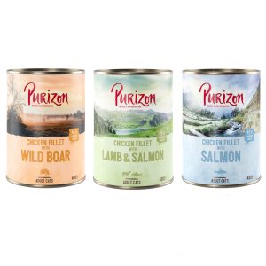 12 x 200 g / 400 g Purizon kissanruoka erikoishintaan! - Adult viljaton lajitelma (4 x 400 g villisika, 4 x 400 g lohi, 4 x 400 g lammas)