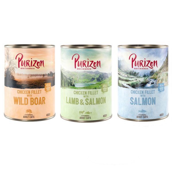 12 x 200 g / 400 g Purizon kissanruoka erikoishintaan! - Adult viljaton lajitelma (4 x 400 g villisika, 4 x 400 g lohi, 4 x 400 g lammas)