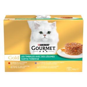 96x85g Ragout nauta, kana, lammas, kalkkuna vihanneksilla Gourmet Gold -kissanruoka