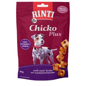 12x80g Chicko Plus -juusto- & kinkkukuutiot RINTI koiranherkku