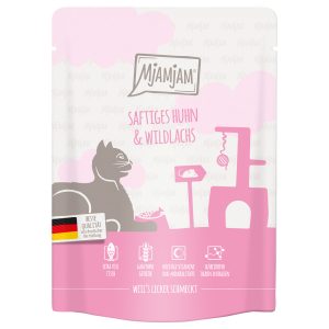 24x 300g MjAMjAM Squeezy Juicy Juicy Chicken and Wild Salmon Märkä kissanravinto