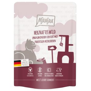 6x 300g MjAMjAM Quetschie savoury hirvenlihaa & kania hedelmäisillä mustikoilla märkäruokaa kissoille