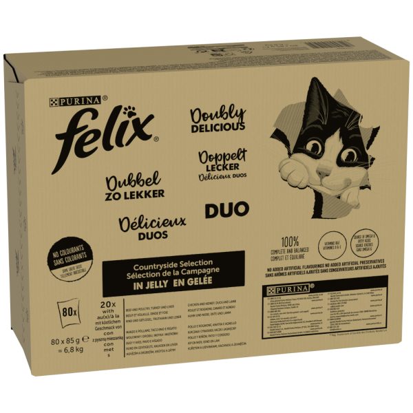 Megapakkaus: 80 x 85 g Felix "Niin hyvää kuin näyttää" pussit Double Delicious Country Selection Märkä kissanruoka