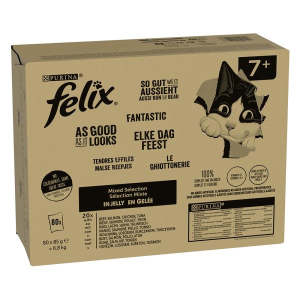 Megapakkaus: 80 x 85 g Felix "Niin hyvää kuin miltä näyttää" Pussit Senior liha Mixpack kissanruoka märkäpakkaus