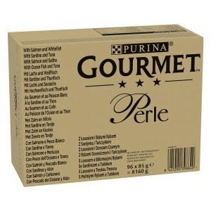 96x85g kalavalikoima mm. lohi, tonnikala Gourmet Perle kissanruoka