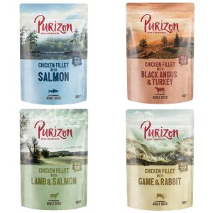 Säästöpakkaus Purizon 24 x 140g/200g/300 g erikoishintaan! - UUTUUS: kanafilee lajitelma 4 makua 300g