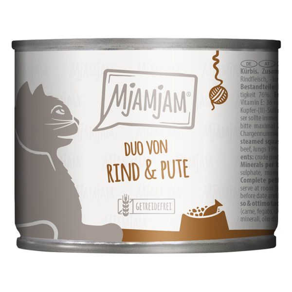 6x 200g MjAMjAM Duo herkullista naudanlihaa & hyvää kalkkunaa höyrytetyn kurpitsan kera märkäruokaa kissoille