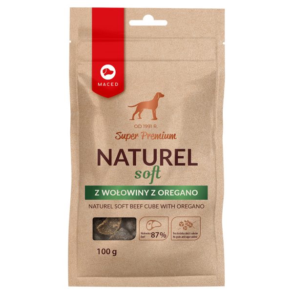 100g Maced Super Premium Naturel pehmeä naudanliha oreganolla koiran välipalojen kanssa