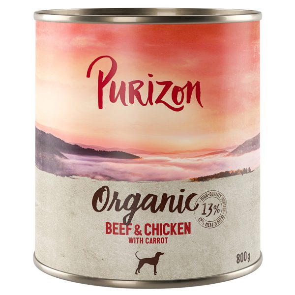 6x800g Organic luomunautaa, luomukanaa & luomuporkkanaa Purizon koiran märkäruoka