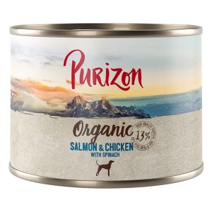 Säästöpakkaus Purizon 24 x 140g/200g/300 g erikoishintaan! - Purizon luomu: luomulohta, luomukanaa & luomupinaattia 200g