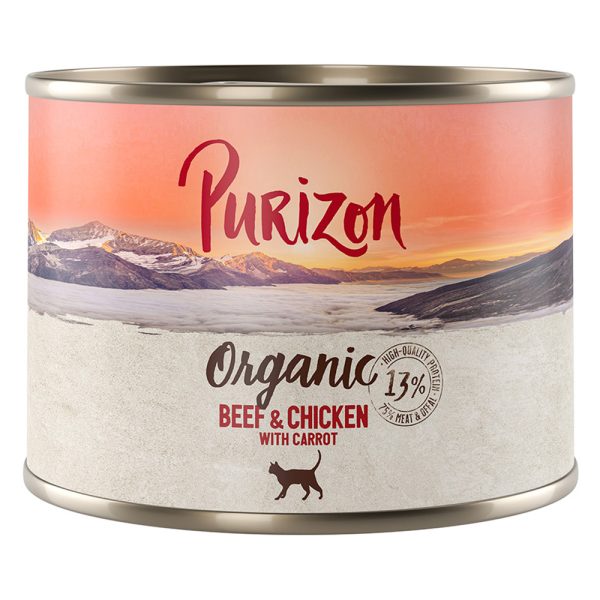 6x200g Organic luomunautaa, luomukanaa ja luomuporkkanaa Purizon kissan märkäruoka