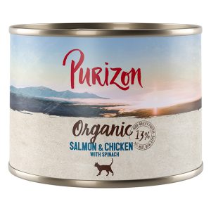 12 x 200 g / 400 g Purizon kissanruoka erikoishintaan! - Luomu: lohi, kana & pinaatti (12 x 200 g)